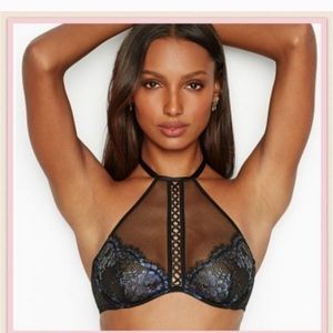 Victoria’s Secret size large very sexy Bralette black blue iridescent bra NWT